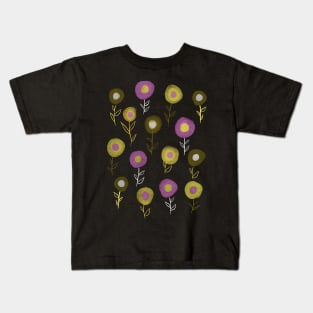 Dark Floral Pattern - Yellow Pink Round Flowers Kids T-Shirt